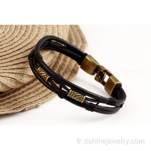 Multi couches cuir Bracelet pour femmes Bracelets d’enveloppe en alliage